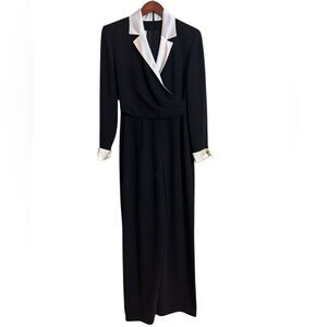 Vintage Jones of New York Black Wide Leg Jumpsuit White Satin Trim Long Sleeve 4